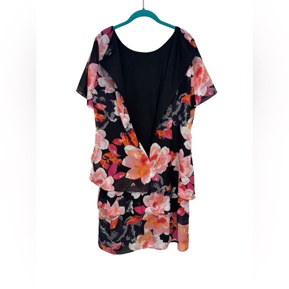 Ignite Evenings Size 18 Black Pink Floral Short Sleeve Flutter Layered Dress - Picture 11 of 15